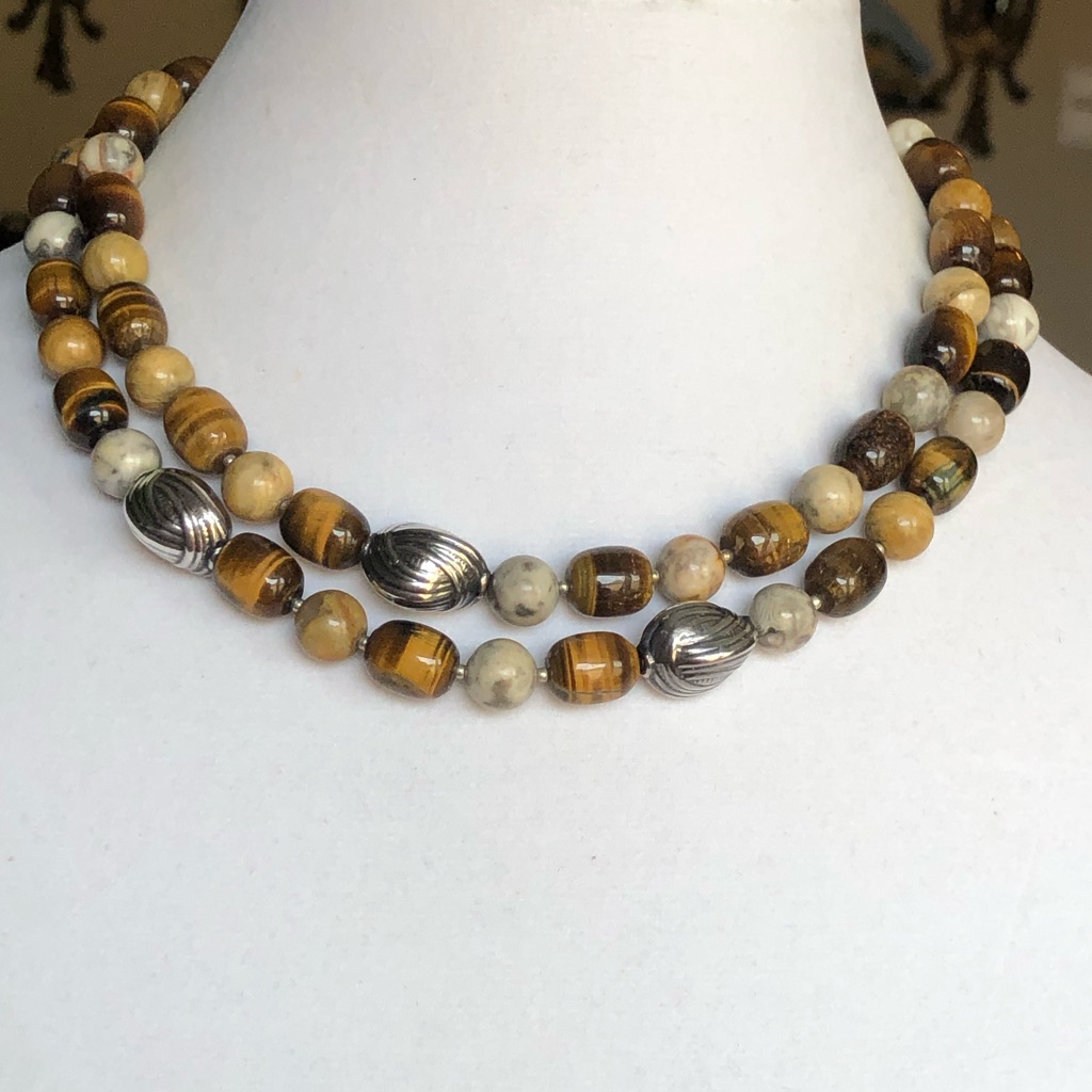 2-Strand Tigers Eye Orange Jasper Gemstones In Sterling Silver Necklace 77$